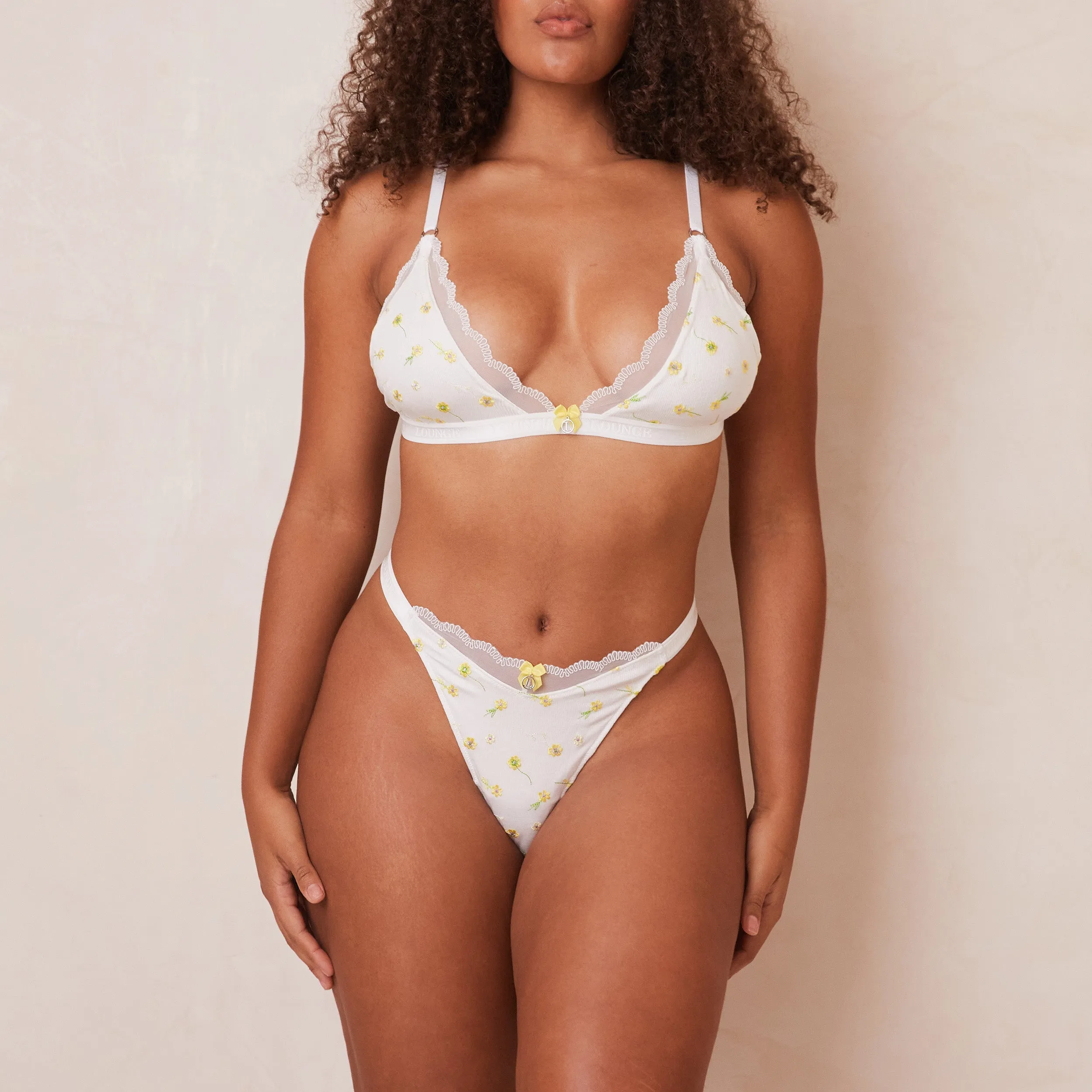 Ribbed Floral Triangle Bra  - White