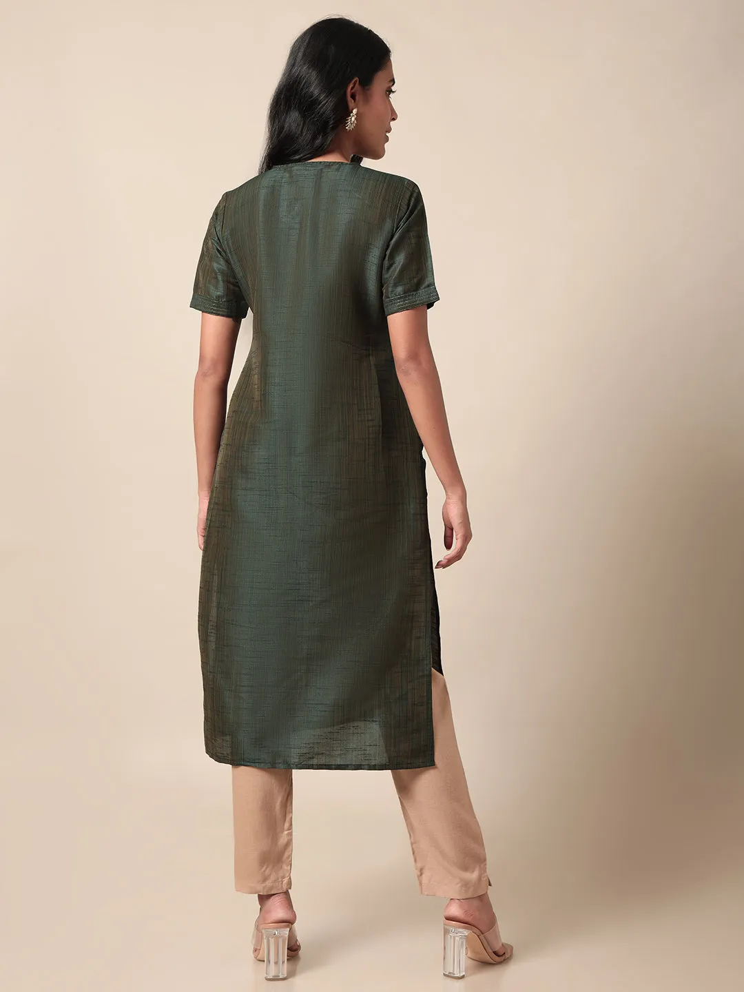 Roohi V Neck Dual Tone Green Kurta