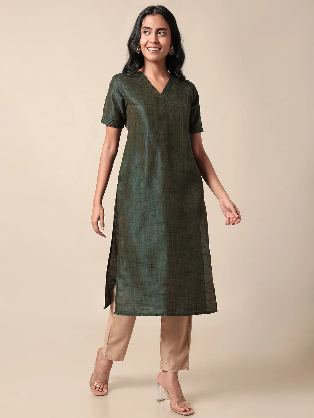 Roohi V Neck Dual Tone Green Kurta