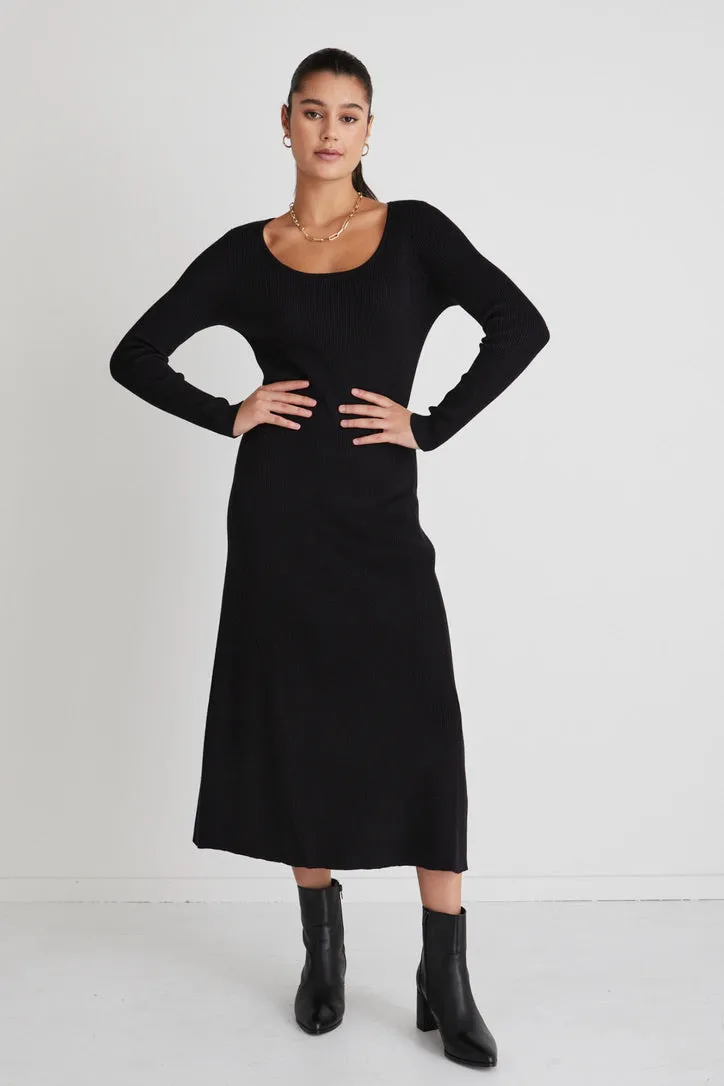 Valor Black Ls Rib Knit Midi Dress