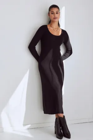 Valor Black Ls Rib Knit Midi Dress