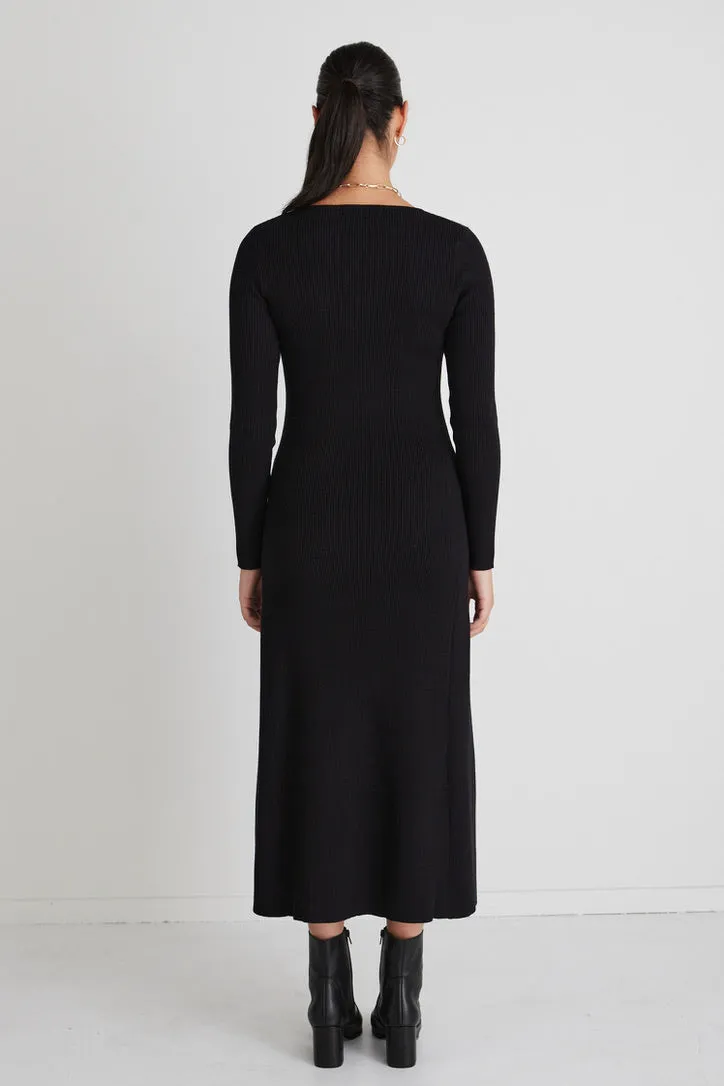 Valor Black Ls Rib Knit Midi Dress