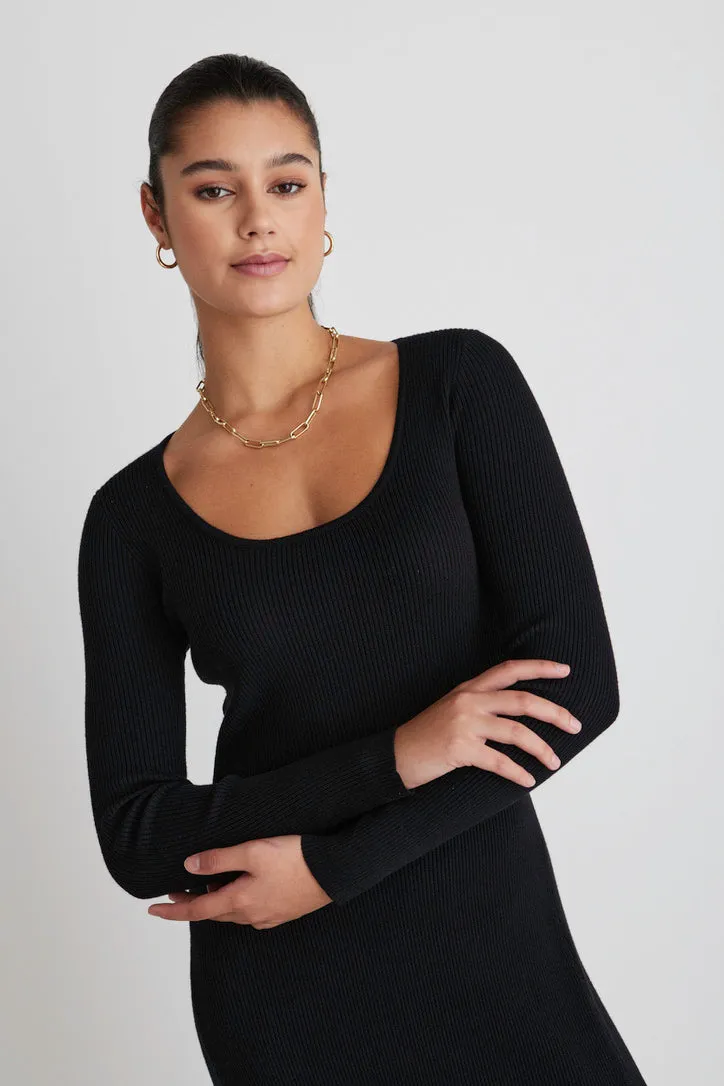 Valor Black Ls Rib Knit Midi Dress