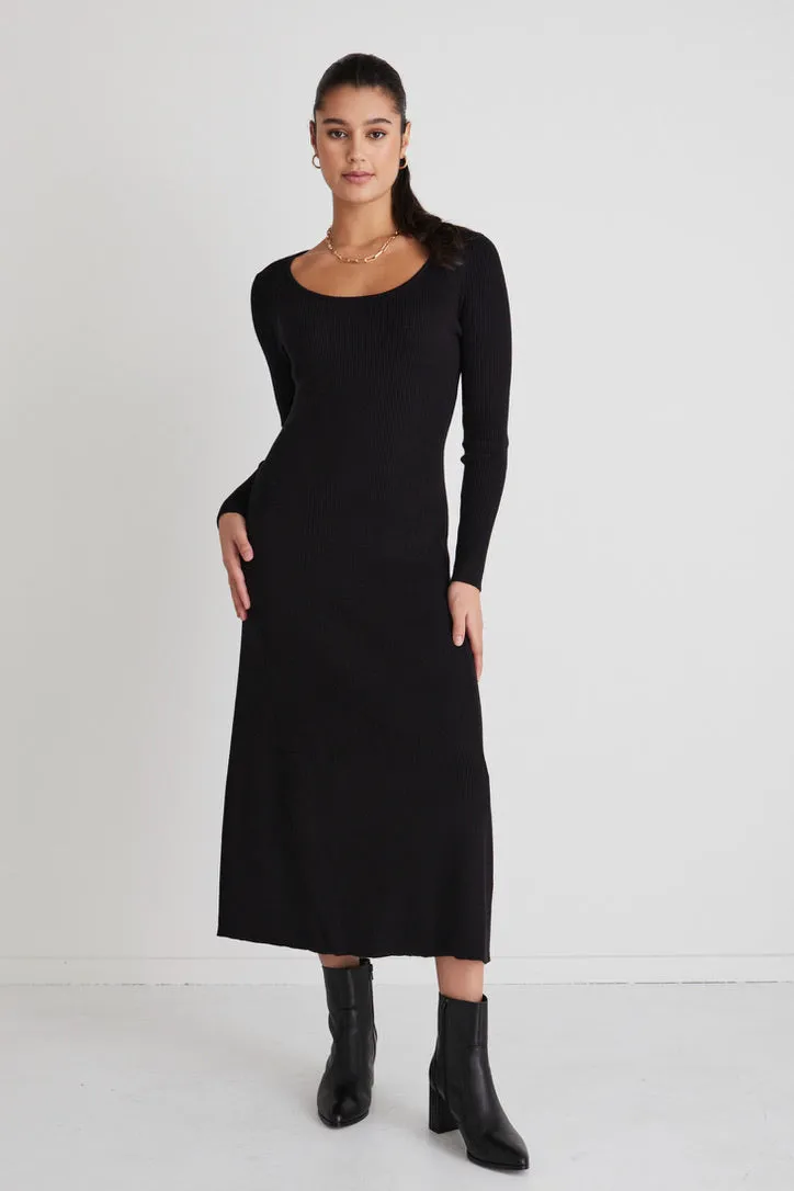 Valor Black Ls Rib Knit Midi Dress