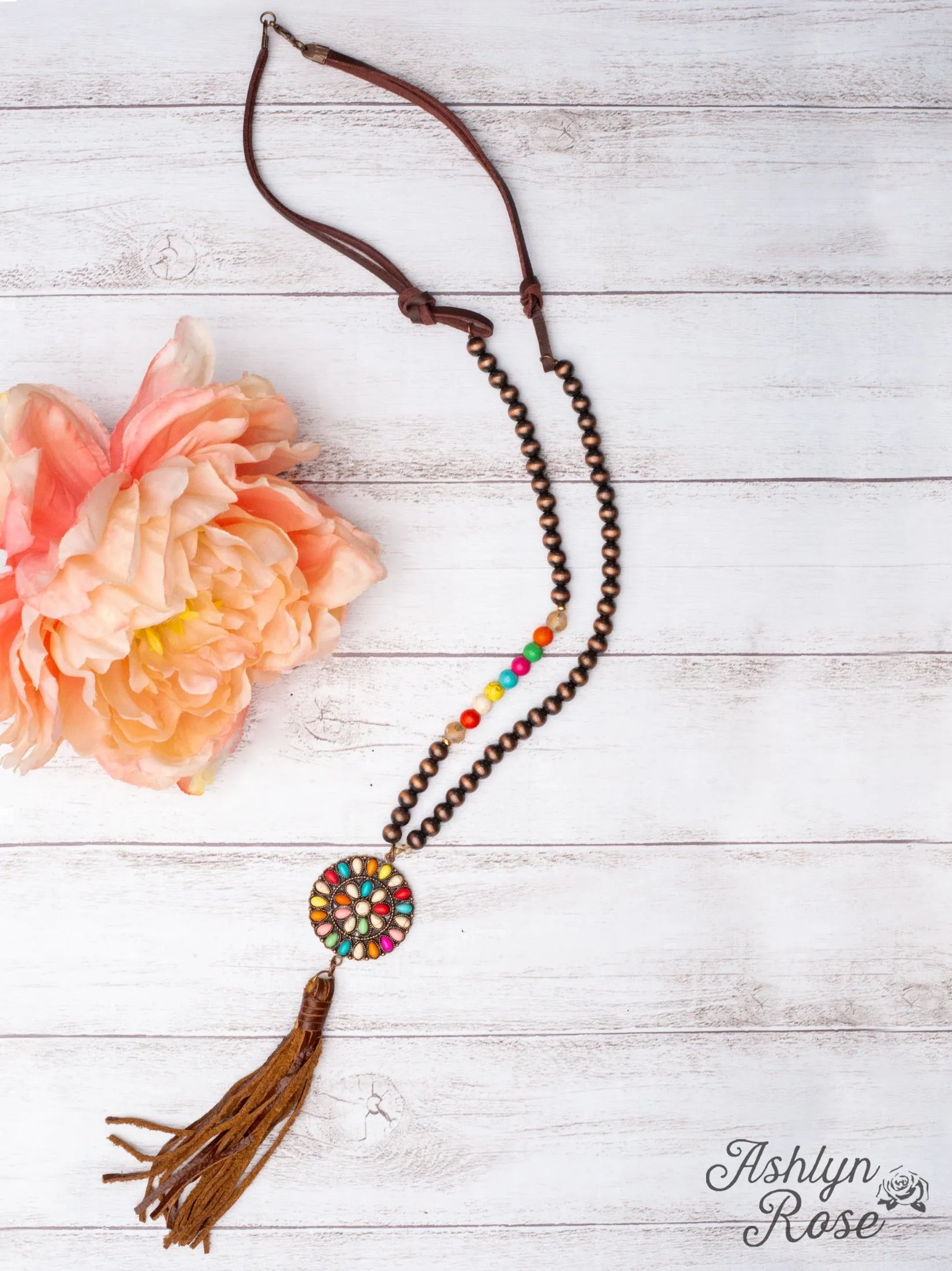 WILD WILD WEST RAINBOW SQUASH BLOSSOM TASSEL PENDANT ON A COPPER NAVAJO PEARL NECKLACE