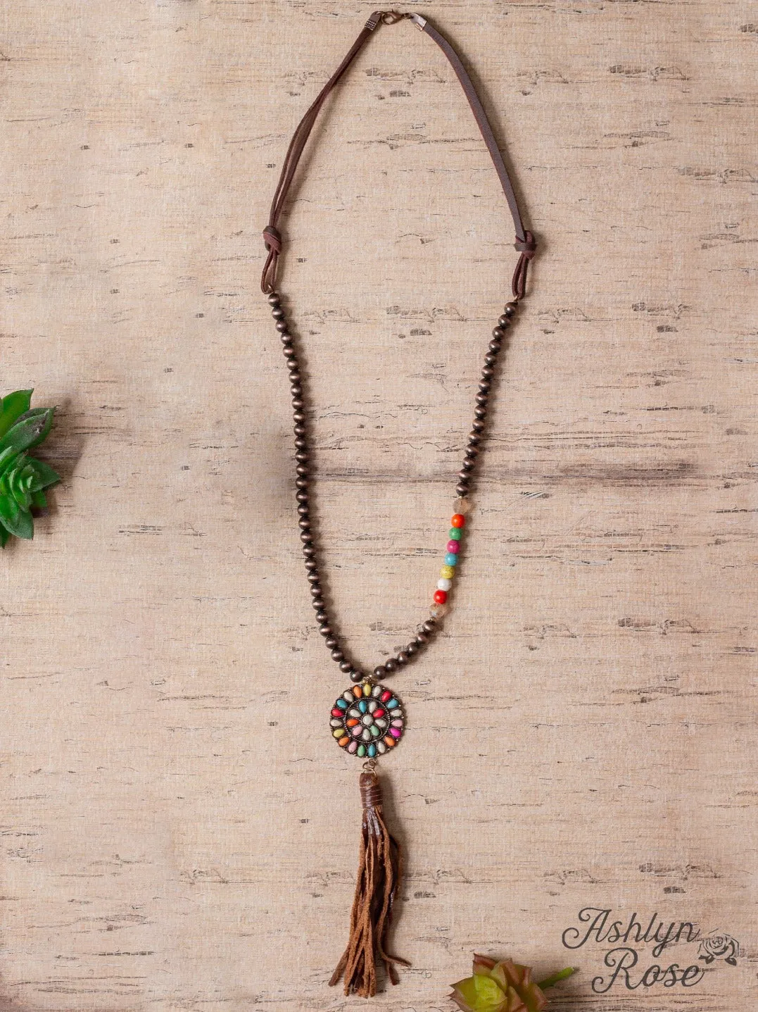 WILD WILD WEST RAINBOW SQUASH BLOSSOM TASSEL PENDANT ON A COPPER NAVAJO PEARL NECKLACE