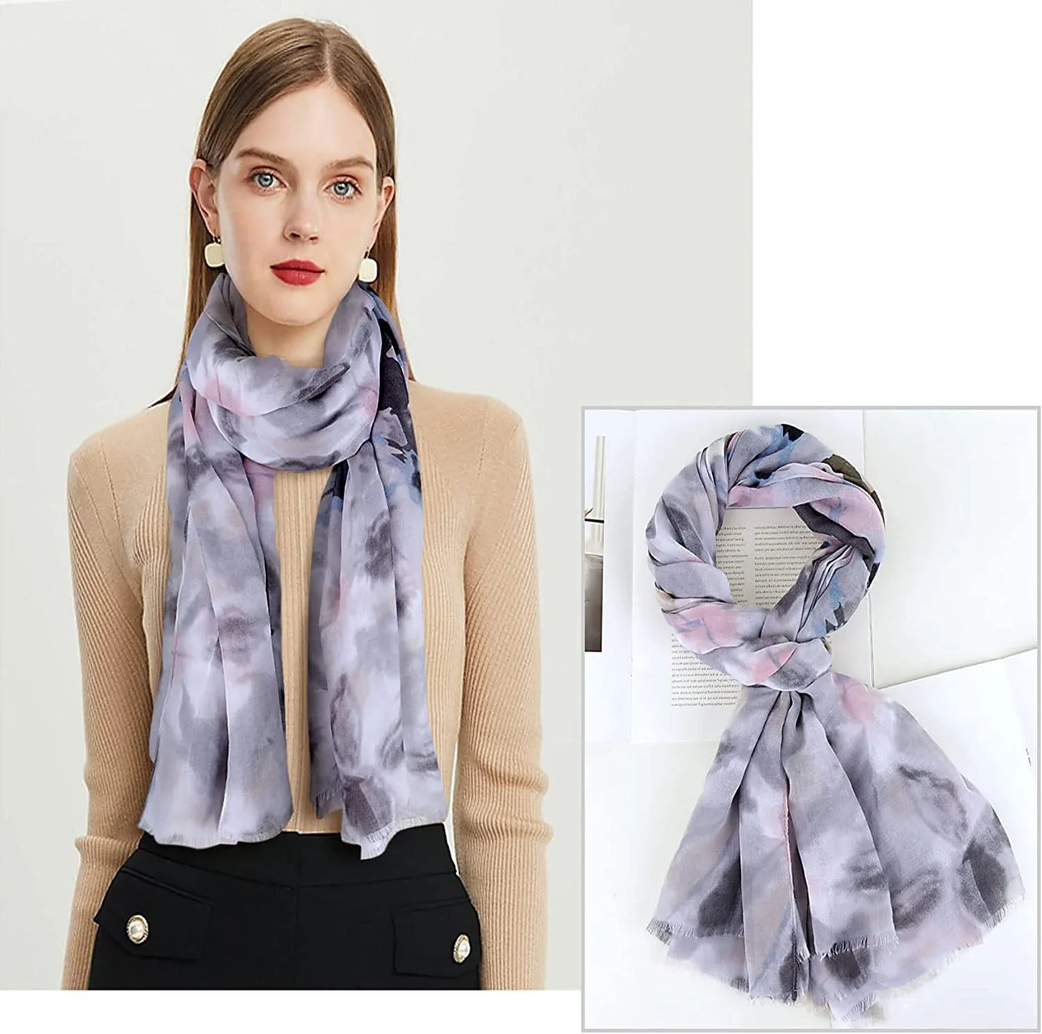 Womens Scarves Lightweight - Soft Cotton Scarf Long Floral Print